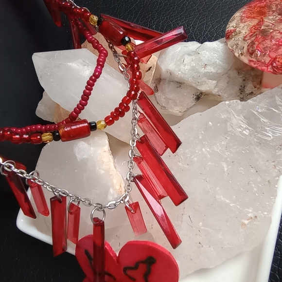 Red Lot Glass & Acrylic Necklaces, Painted Flower Dangle Earrings, Fashion Ring - Picture 5 of 9